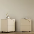 Modern Beige Bedside Tables With Curved Design Gold Wheels And Aromatherapy Decor