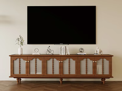 Classic Wooden TV Stand With Glass Doors And Decorative Items On Wall 3d model