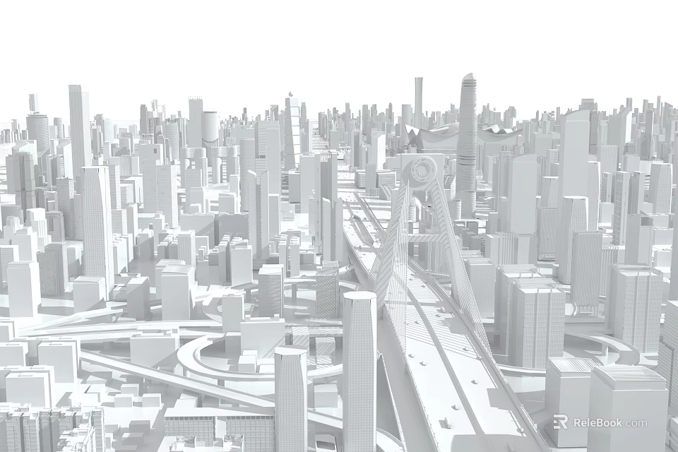 Modern Urban Cityscape With High Rise Buildings Bridge And Architectural Design 3d model 