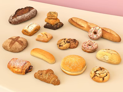 Assorted Baked Goods Collection Featuring Bread Donuts Cookies Croissants Baguette and Hamburger Bun 3d model