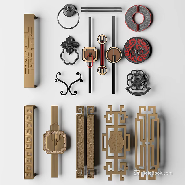 Stylish Cabinet Handles With Various Traditional Patterns Modern Shapes Metal And Wooden Materials 3d model 
