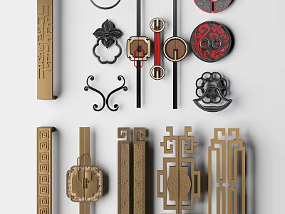 Stylish Cabinet Handles With Various Traditional Patterns Modern Shapes Metal And Wooden Materials 3d model
