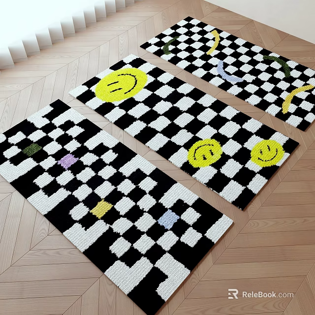 Knitted Decorative Rugs With Black White Checkered Design Smiley Faces And Colorful Squares 3d model 
