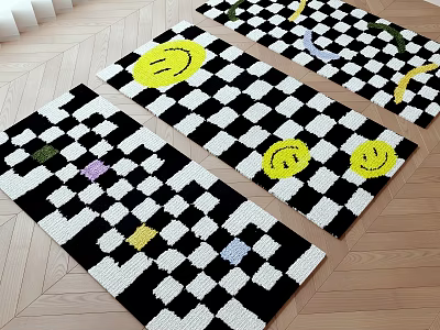 Knitted Decorative Rugs With Black White Checkered Design Smiley Faces And Colorful Squares 3d model