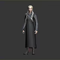 Woman With White Long Hair In Dark Fitted Dress Standing Against Gray Background