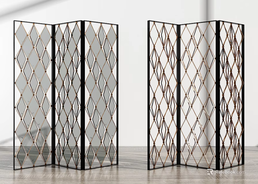 Modern Decorative Room Divider With Diamond Pattern Metal Frame And Mirrored Panels 3d model