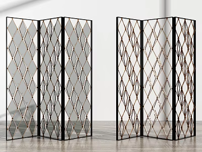 Modern Decorative Room Divider With Diamond Pattern Metal Frame And Mirrored Panels 3d model