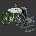 Vintage Furniture Set With Bicycle Converted Table Red Seat And Green Rocking Chair