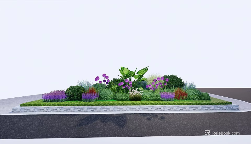 Vibrant Garden Flowers With Purple Blooms Green Foliage And Shrubs 3d model 