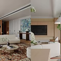 Modern Living and Dining Room with Curved Sofa Armchair Patterned Rug Large Window and Dining Chairs