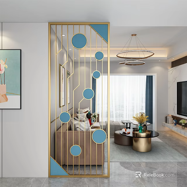 Modern Room Divider With Gold Frame And Blue Circular Patterns In Living Room 3d model 