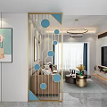 Modern Room Divider With Gold Frame And Blue Circular Patterns In Living Room