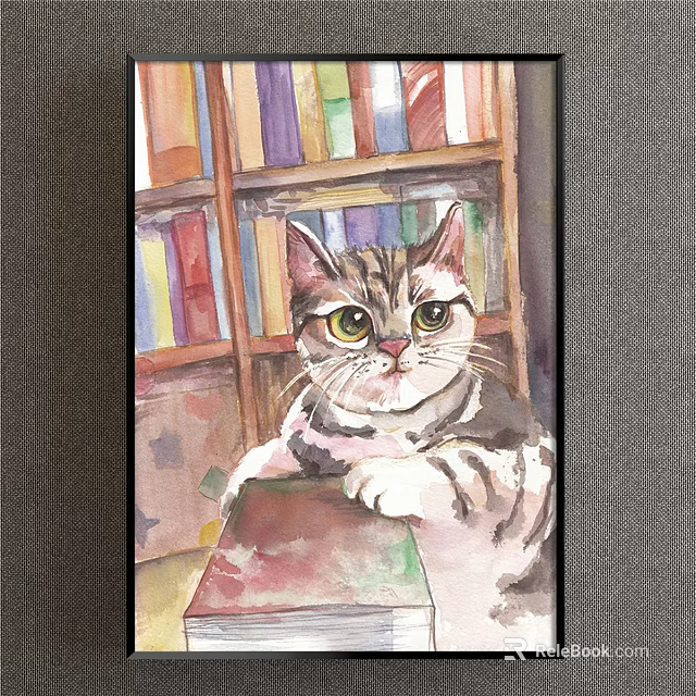 Watercolor Animal Painting of Striped Cat with Large Eyes in Front of Colorful Bookshelf 3d model 