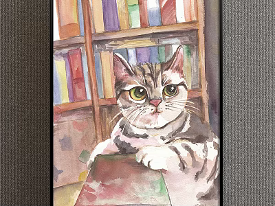 Watercolor Animal Painting of Striped Cat with Large Eyes in Front of Colorful Bookshelf 3d model