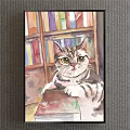 Watercolor Animal Painting of Striped Cat with Large Eyes in Front of Colorful Bookshelf
