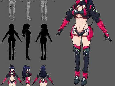 Female Character Design Featuring Multiple Silhouettes And Red Black Costume Details 3d model