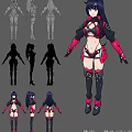 Female Character Design Featuring Multiple Silhouettes And Red Black Costume Details