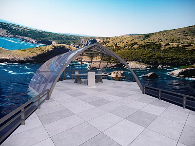 Scenic Glass Arch Viewing Platform With Tiled Floor Overlooking Coastal Water And Hills 3d model