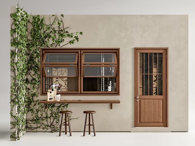 Green Vines Decorated Wall With Wooden Window Door And Small Bar Counter Stools 3d model