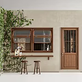 Green Vines Decorated Wall With Wooden Window Door And Small Bar Counter Stools