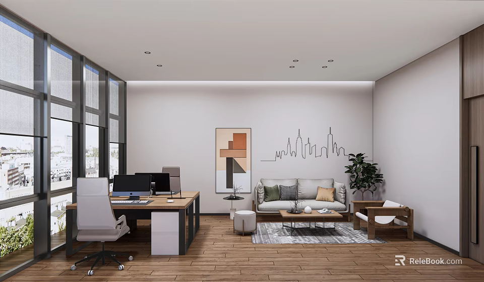 Modern Office Interior Design With Work Desk Sofa Wall Art And Large Windows 3d model