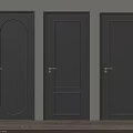 Three Gray Hinged Doors with Varied Panel Designs and Gold Handles in Interior Space
