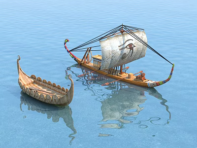 Ancient Style Wooden Sailing Boat With Decorative Sail On Calm Water And Small Boat Reflection 3d model