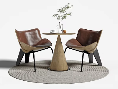 Modern Round Wooden Table With Leather Chairs On Round Rug And Small Plant 3d model