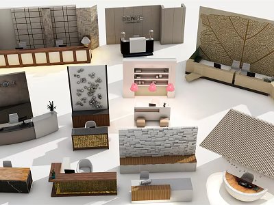 Elegant Modern Reception Desk Designs With Wooden Counter And Storage Elements 3d model