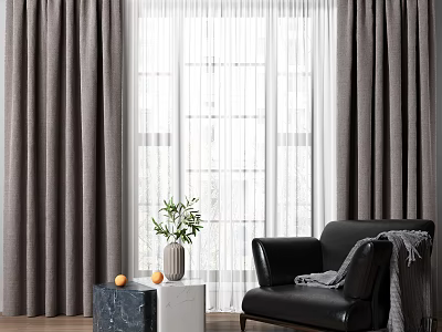 Gray Textured Curtains With Sheer White Panels For Living Room Window And Black Chair 3d model