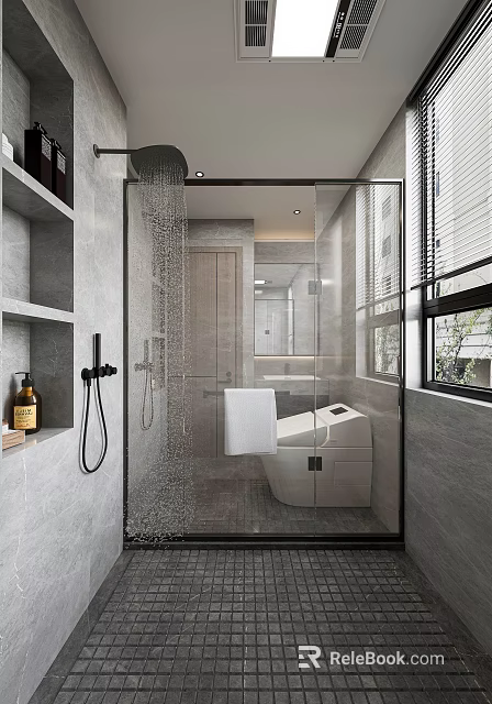 Modern Bathroom Interior With Glass Shower Enclosure Wall-Hung Toilet Grey Tiles And Built-In Shelves 3d model 