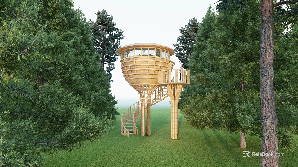 Round Wooden Treehouse With Spiral Staircase And Observation Deck Surrounded By Trees 3d model 