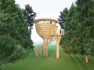 Round Wooden Treehouse With Spiral Staircase And Observation Deck Surrounded By Trees 3d model