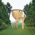 Round Wooden Treehouse With Spiral Staircase And Observation Deck Surrounded By Trees