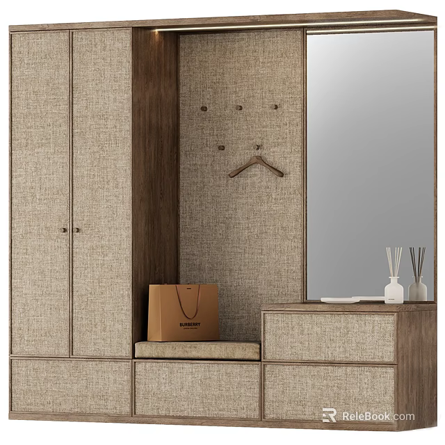 Modern Wooden Wardrobe With Linen Panels Mirror Coat Hooks Bench And Drawers 3d model 