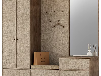 Modern Wooden Wardrobe With Linen Panels Mirror Coat Hooks Bench And Drawers 3d model