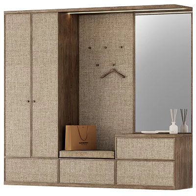 Modern Wooden Wardrobe With Linen Panels Mirror Coat Hooks Bench And Drawers 3d model