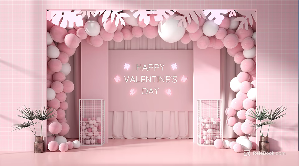 Pink Balloon Arch Valentine's Day Backdrop With Happy Text And Decorative Baskets 3d model