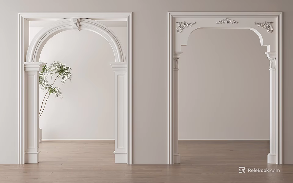 White Decorative Door Arches In Modern Interior With Wooden Floor And Potted Plant 3d model 