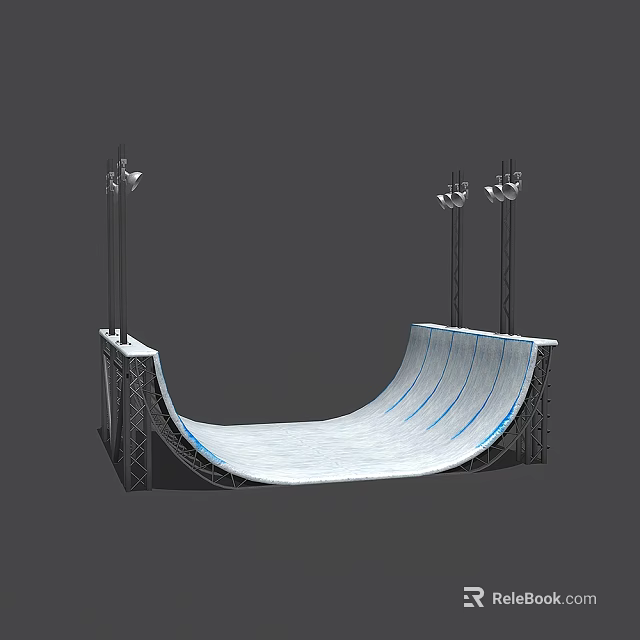 Modular Skateboard Ramp Structure With Curved White Surface And Metal Frame Lighting Poles 3d model 