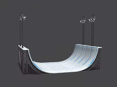 Modular Skateboard Ramp Structure With Curved White Surface And Metal Frame Lighting Poles 3d model