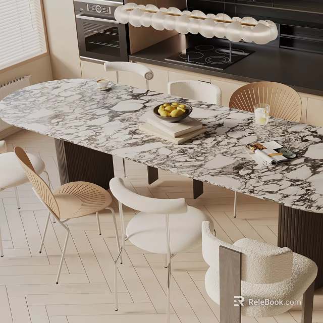Modern Dining Table Set with Marble Top Stylish Chairs Fruit Bowl Books Magazines and Glass 3d model 
