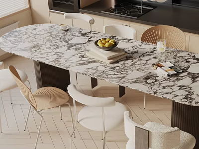 Modern Dining Table Set with Marble Top Stylish Chairs Fruit Bowl Books Magazines and Glass 3d model