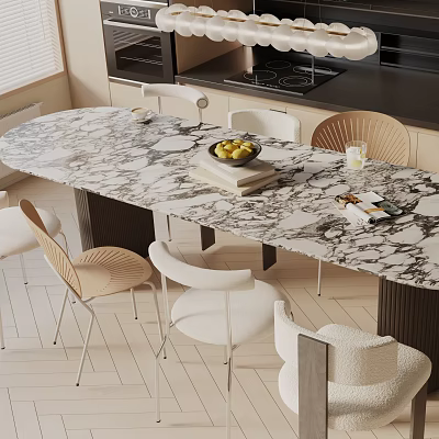 Modern Dining Table Set with Marble Top Stylish Chairs Fruit Bowl Books Magazines and Glass 3d model