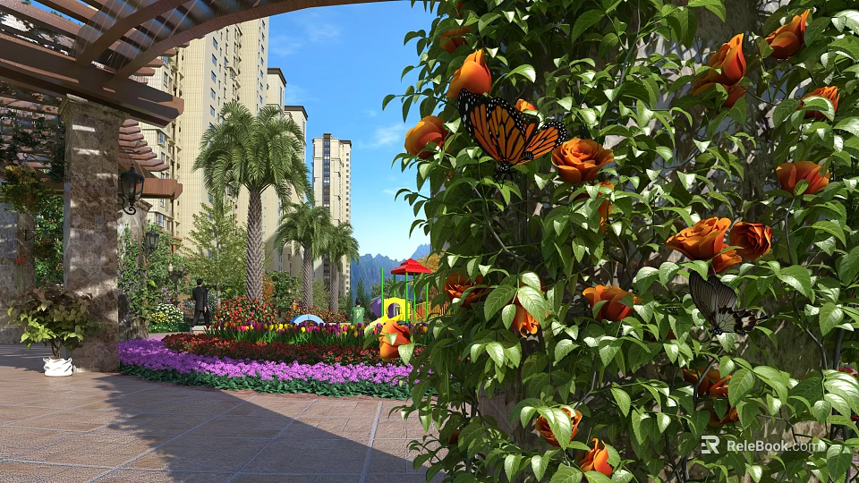 Lush Garden Landscape With Flowers Trees Pergola And Playground In Residential Area 3d model 