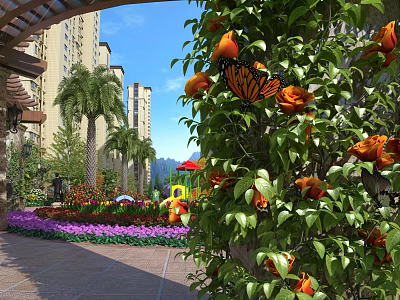 Lush Garden Landscape With Flowers Trees Pergola And Playground In Residential Area 3d model