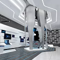 Modern Tech Interior With Central Metal Display Column LED Screens White Counters Blue Lighting Lines 3d model