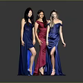 Three Women In Blue Red Off Shoulder Long Dresses With High Slit Against Gray Background