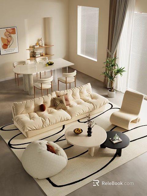Modern Beige Sofa And Coffee Table Set With Decorative Pillows Area Rug And Accent Chair 3d model 