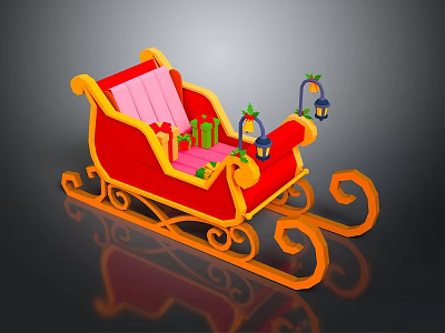 Festive Red Sleigh with Orange Trim Pink Seat Gift Boxes and Lanterns 3d model